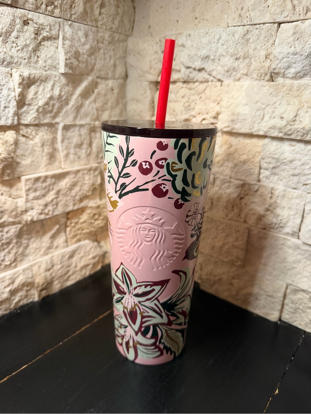 Starbucks 2022 Holiday Winter Pink Enchanted Forest Floral Stainless Tumbler